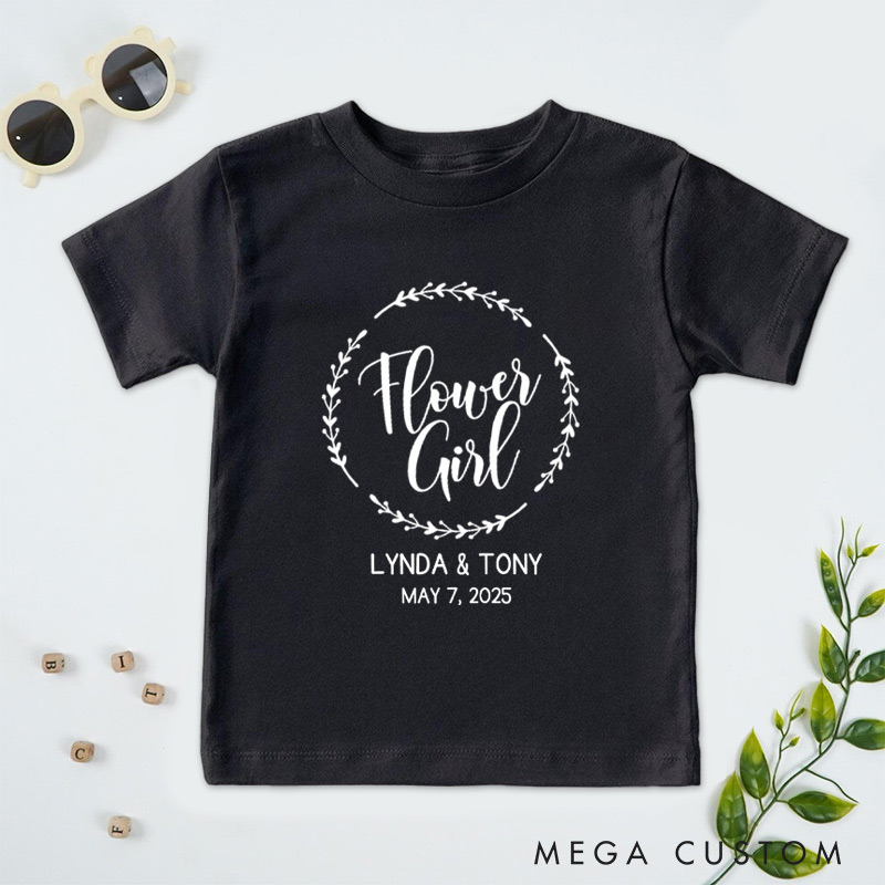 Personalized Elegant Flower Girl Design with Laurel Wreath Wedding Flower Girl T-Shirt 