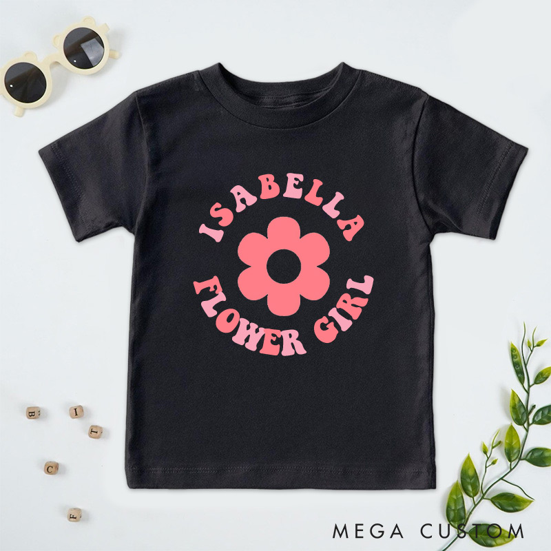 Personalized Retro-Inspired Flower Girl with Name Wedding Flower Girl T-Shirt 