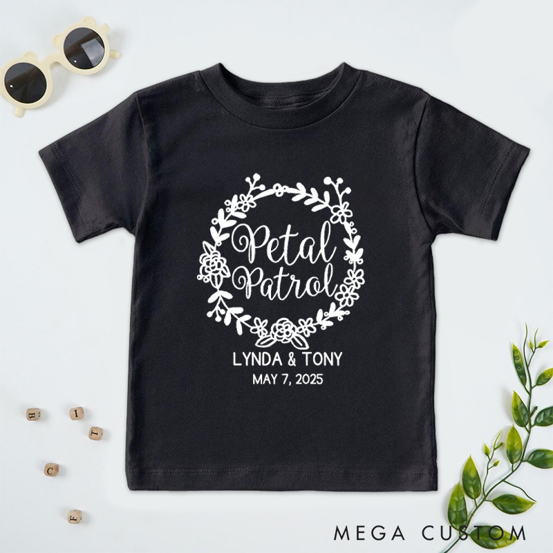 Personalized Elegant Petal Patrol with Floral Wreath Wedding Flower Girl T-Shirt 