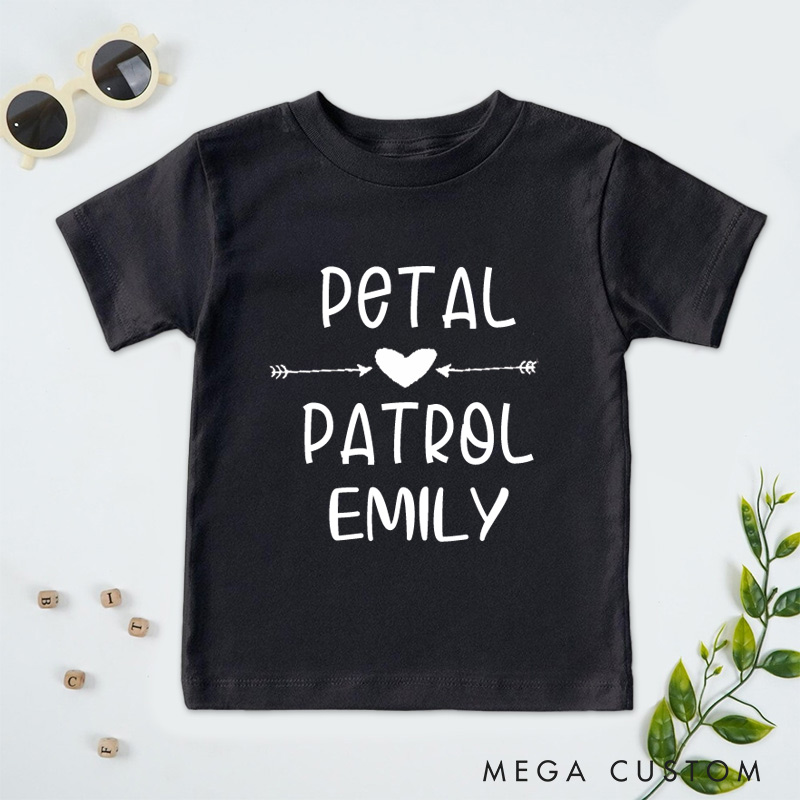 Personalized Playful Petal Patrol with Heart and Arrow Wedding Flower Girl T-Shirt 