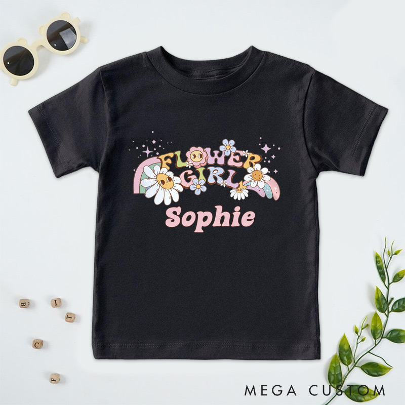 Personalized Whimsical Retro Flower Girl with Daisies and Rainbows Wedding Flower Girl T-Shirt 