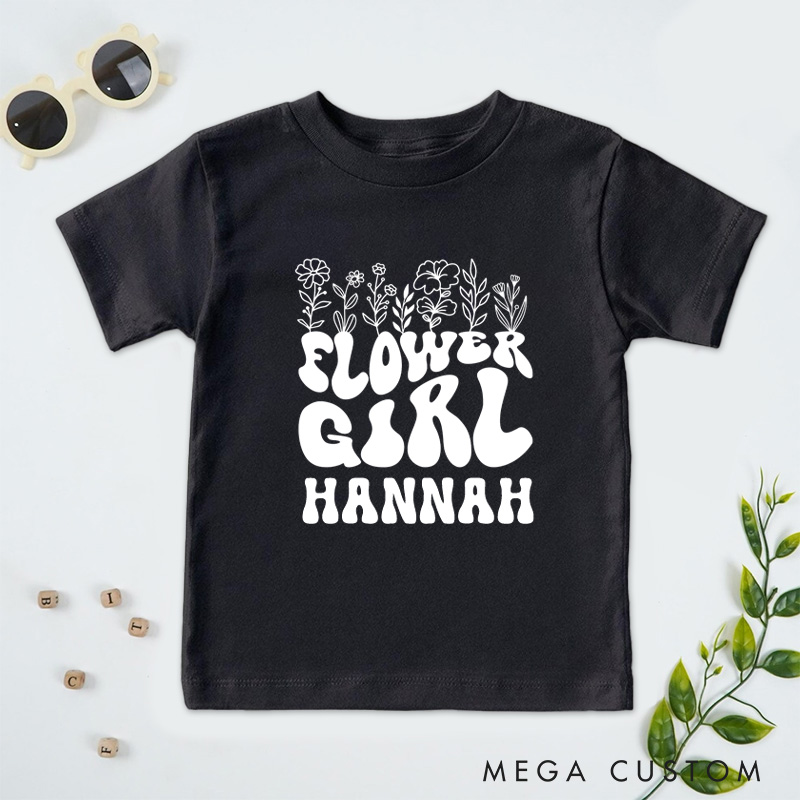 Personalized Boho Groovy Flower Girl with Floral Wedding Flower Girl T-Shirt 