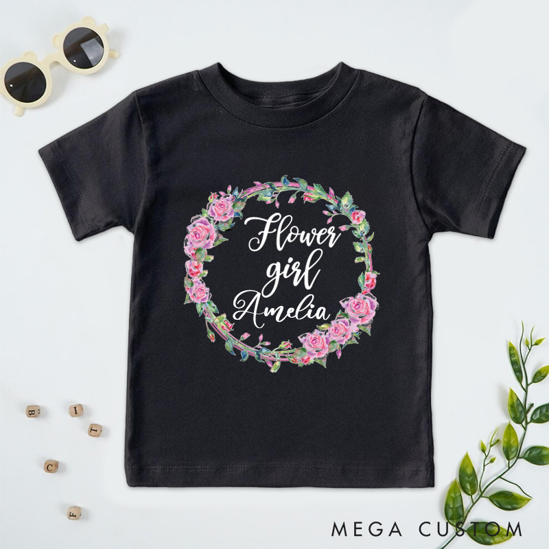 Personalized Flower Girl with Watercolor Rose Wreath Wedding Flower Girl T-Shirt 