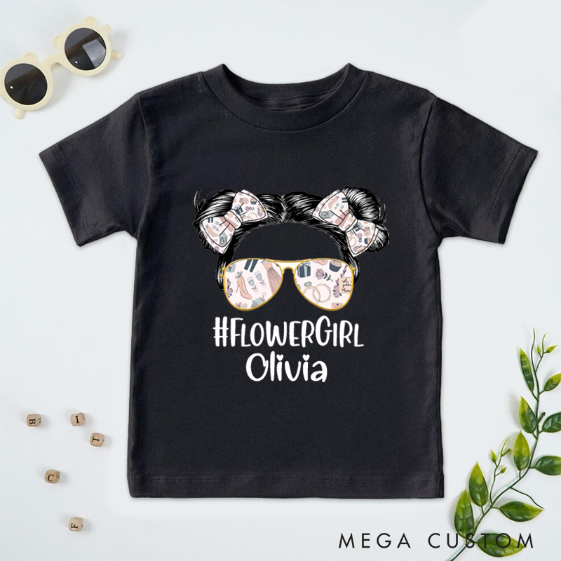 Personalized Trendy Flower Girl with Sunglasses and Bows Wedding Flower Girl T-Shirt 