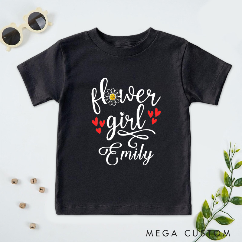 Personalized Sweet Flower Girl with Daisy and Hearts Wedding Flower Girl T-Shirt 