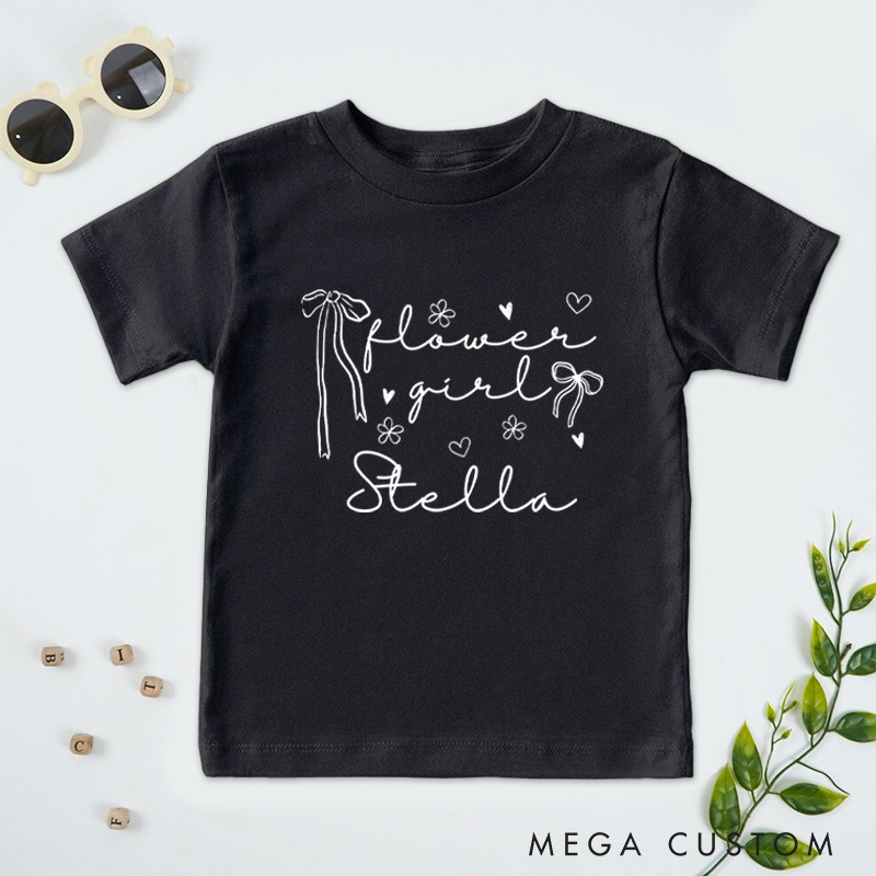 Personalized Delicate Flower Girl with Bows and Hearts Wedding Flower Girl T-Shirt 