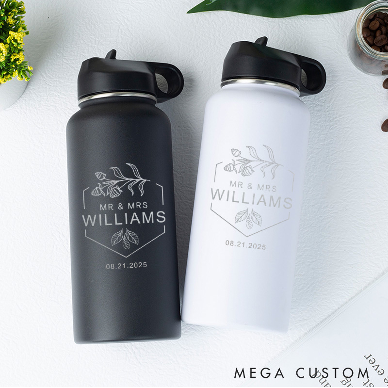 Personalized Mr and Mrs Acorns Couple 32oz Insulated Bottle with Straw