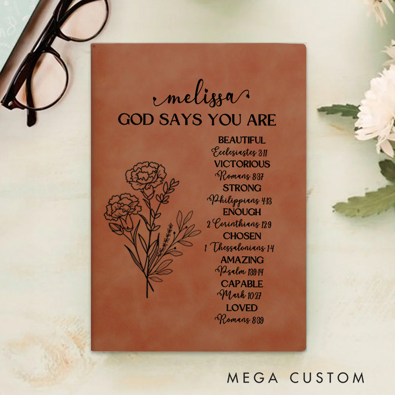 Personalized God Says You are Inspiration A5 Leather Prayer Journal Notebook with Birth Flower and Name Christian Gift Baptism Birthday Gift for Women