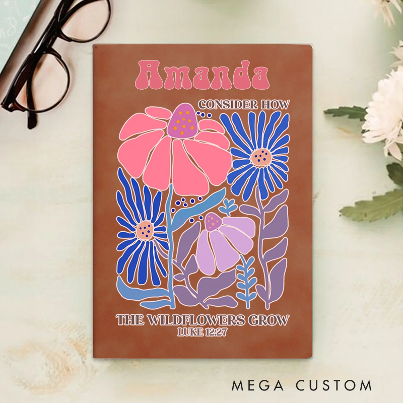 Personalized Multicolor Consider How the Wildflowers Grow A5 Sheepskin Suede Notebook with Name Baptism Birthday Gift for Christians  