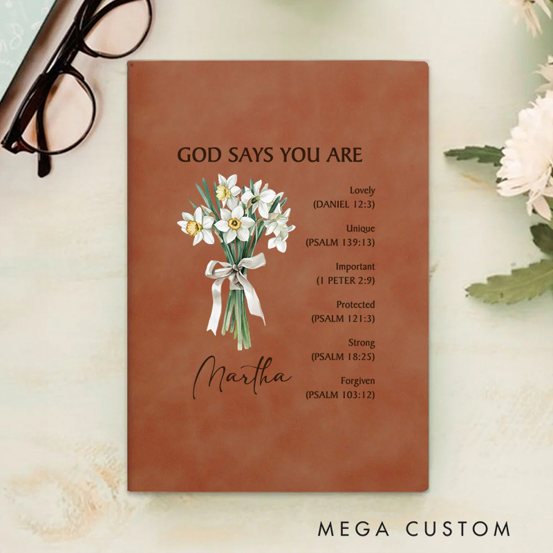 Personalized God Says You are Lovely A5 Leather Prayer Journal Notebook with Birth Flower Bouquet and Name Baptism Birthday Gift for Christians Women