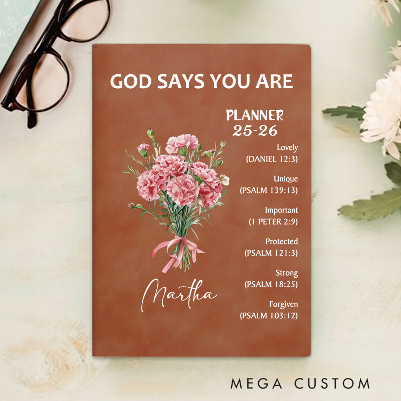 Personalized Flower Bouquet Bible Verse Planner 25-26 Leather A5 Notebook with Name Weekly Monthly Planning Birthday Religious Gift for Family Friends