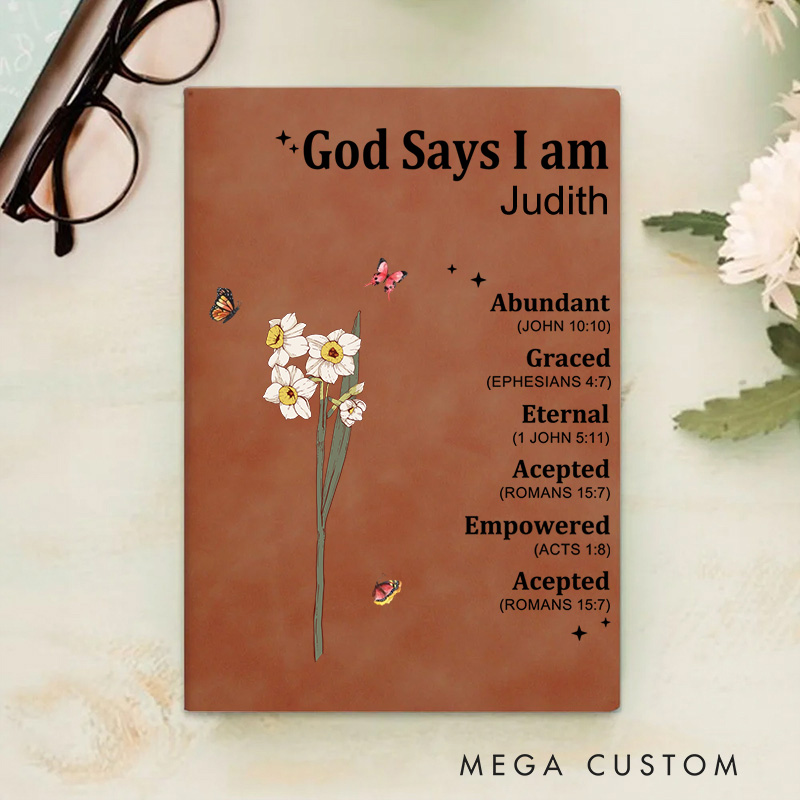 Personalized God Says I am Name Meaning on Bible Verse Leather Prayer Journal Notebook with Name Baptism Gift Thanksgiving Gift for Family Christians