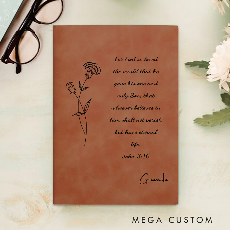 Personalized Birth Flower Bible Verse Prayer Journal Leather A5 Notebook with Name Church Study Birthday Baptism Religious Day Gift for Christians