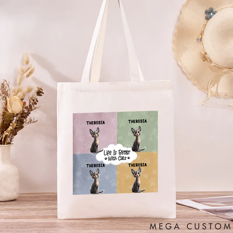 Personalized Cat Lover Life is Better with Cats Canvas Tote Bag