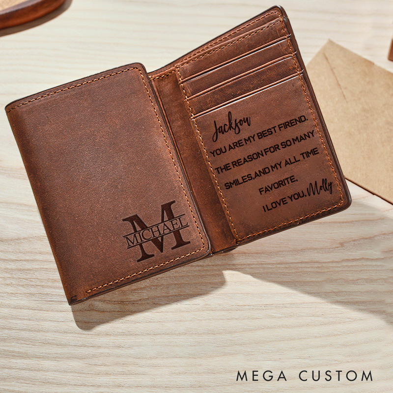Personalized Engraved Trifold Wallets Mens Leather Wallet 1 2 3 Year Anniversary Gifts Christmas Husband Gift Boyfriend Gift