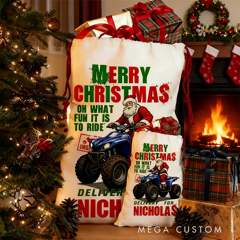 Personalized Santa on Sport Quad Racer Christmas Sack Custom Name Holiday Gift Bag for Racers and Racing Lovers