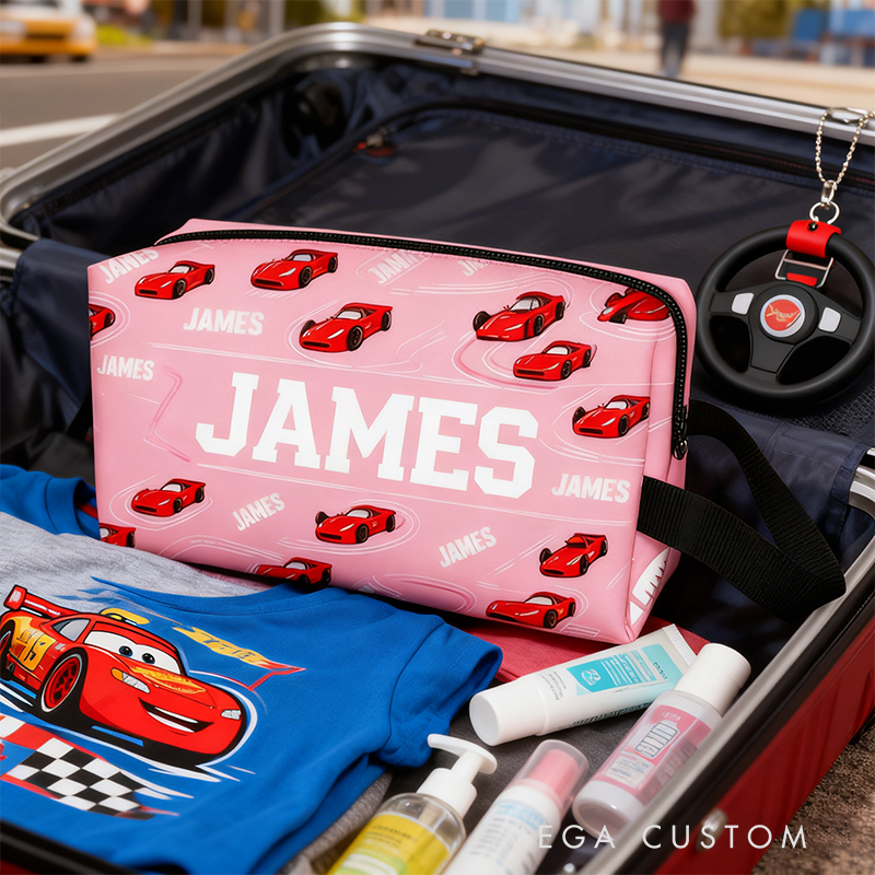 Personalized Racing Theme Toiletry Bag Custom Name Waterproof Travel Pouch with Car Print Multi Color Gifts
