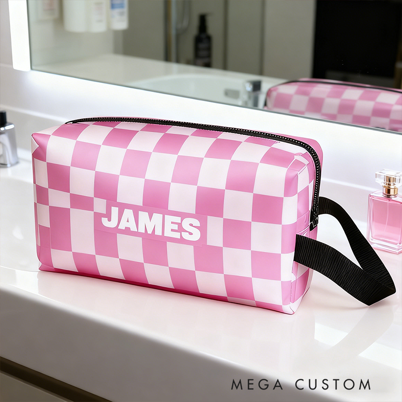 Personalized Checkered Racing Toiletry Bag Custom Name Waterproof Travel Pouch Classic Car Flag Design Gifts
