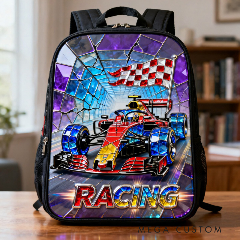 Personalized Stained Glass Racing Backpack Custom Name Oxford Bag for Racers and Racing Enthusiasts