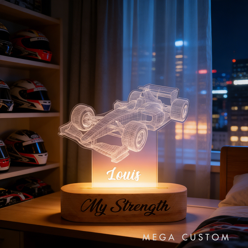 Personalized Racing Gifts Custom Name Acrylic Car Night Light Beech Wood LED Lamp for Car Lovers Bedroom Decor