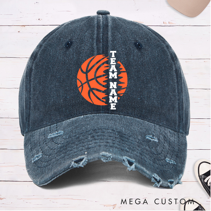 Personalized Distressed Denim Basketball Cap with Vertical Custom Team Name Design