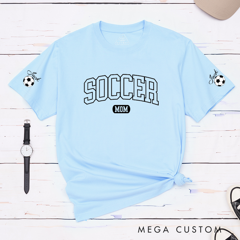 Personalized Soccer Mom T-Shirt with Custom Sleeve Name Design