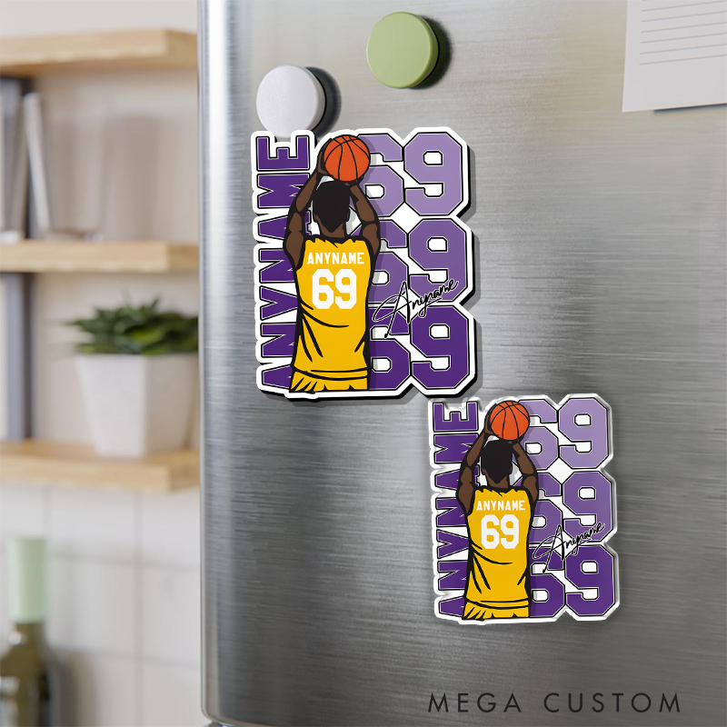 Personalized Basketball Refrigerator Magnet with Custom Name Jersey Number and Dynamic Player Shooting Action Design