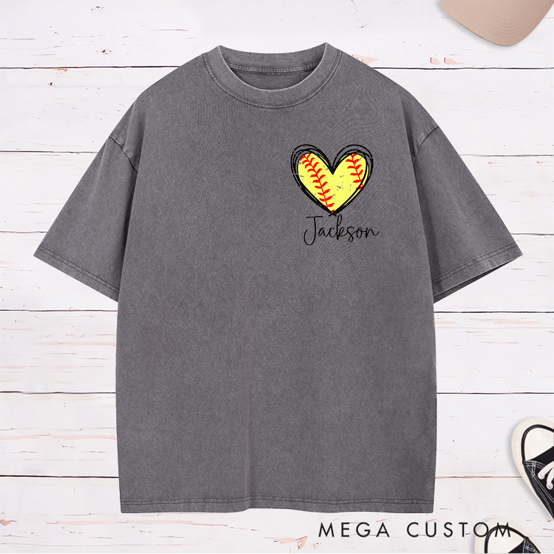 Personalized Softball Heart Washed T-Shirt Design Featuring Custom Name and Vibrant Softball Stitching Graphic