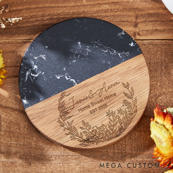 Personalized Marble and Wood Coaster Floral Wreath Home Sweet Home Coaster Wedding Housewarming Gift Couple Gift New Home Gift Valentines Gift