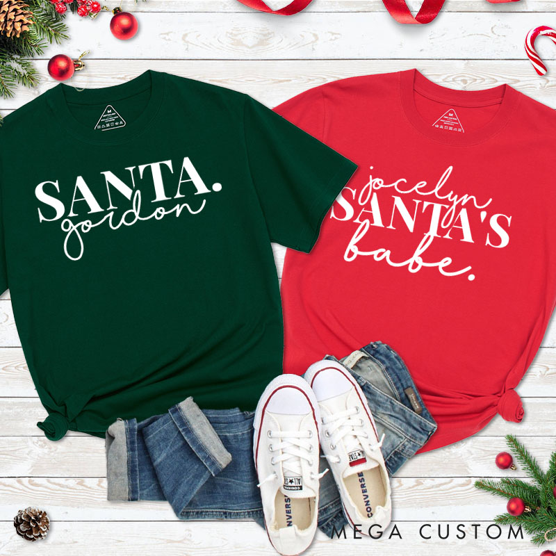 Personalized Couple Santa and Santa's Babe Christmas Matching T-Shirt Couple Xmas T-Shirt for Husband Wife Boyfriend Girlfriend Tee Tops