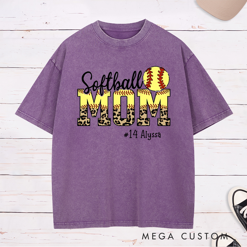 Personalized Softball Mom Washed T-Shirt Design Featuring Leopard Print Bold Text Softball Graphic and Custom Player Name and Number