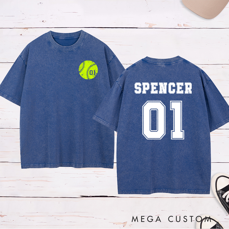 Personalized Softball Washed T-Shirt Design Featuring Custom Player Name Jersey Number and Bold Softball Graphic