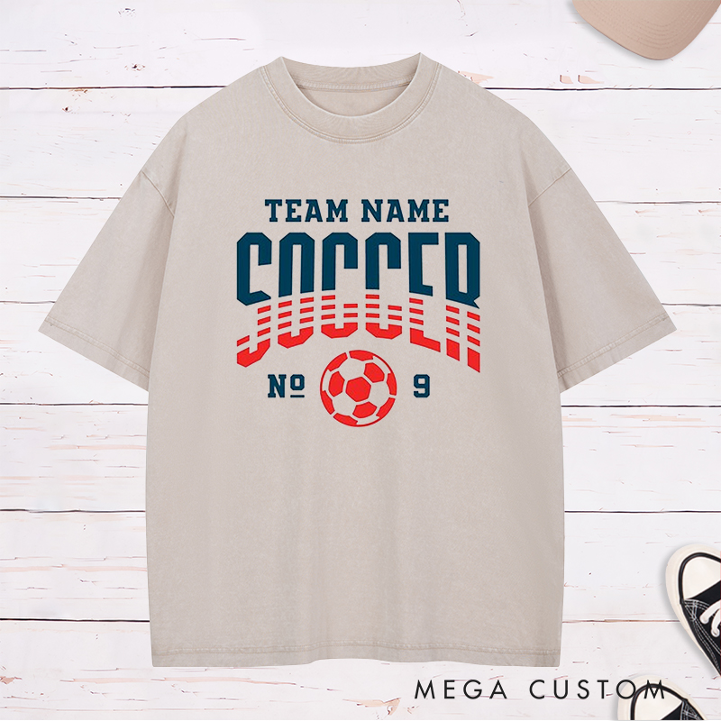Personalized Soccer Washed T-Shirt with Dynamic Striped Graphic and Custom Team Name and Number