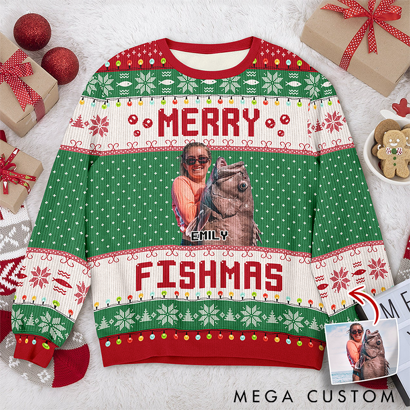 Personalized Merry Fishmas Ugly Sweater Funny Fishing Ugly Sweater Custom Photo and Name Funny Holiday Gift for Fishing Lovers