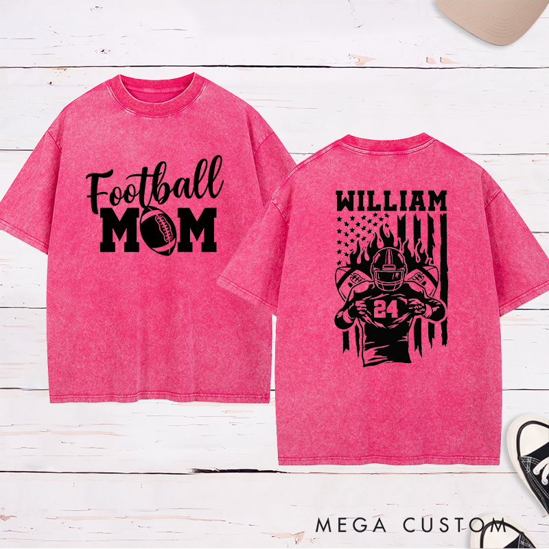 Personalized American Football Mom Washed T-Shirts Featuring Custom Team Name and Number for Proudly Supporting Your Star Player