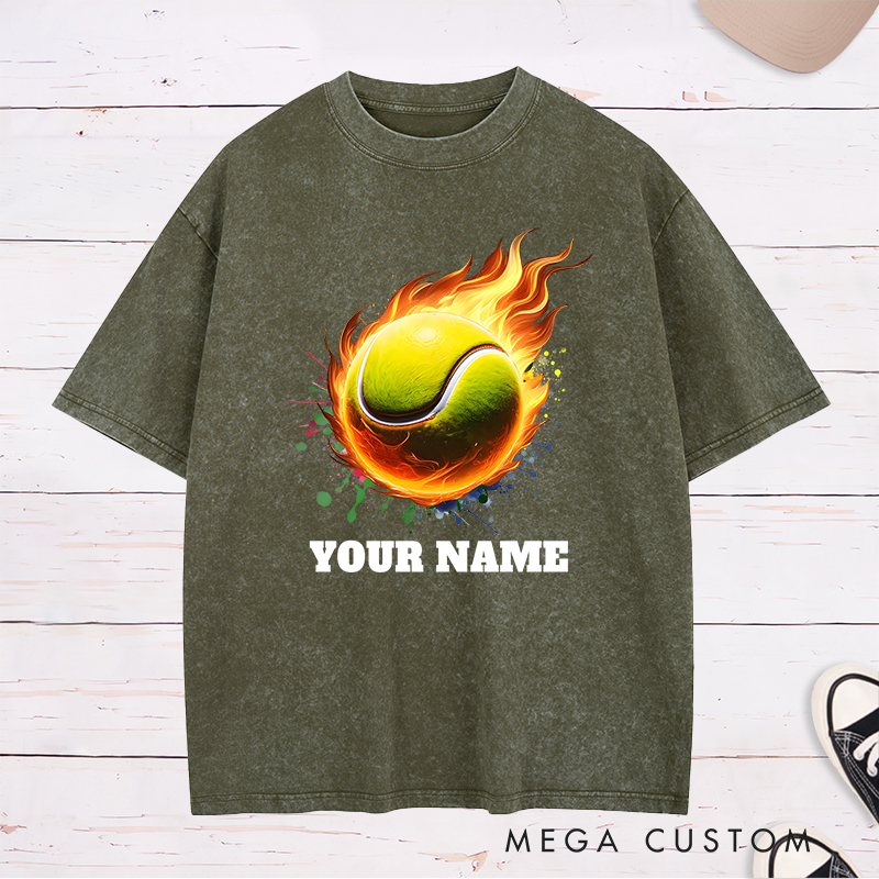 Personalized Tennis Washed T-Shirt with Flaming Ball and Custom Name 