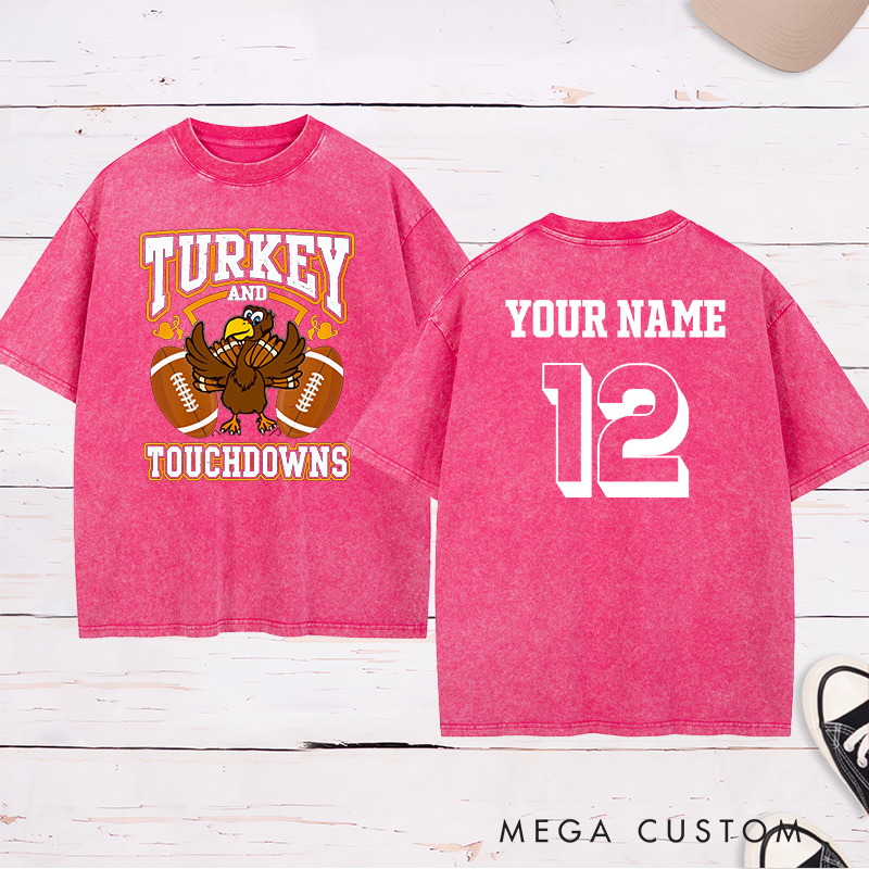 Personalized American Football and Rugby Turkey Washed T-Shirts Featuring Custom Name and Number