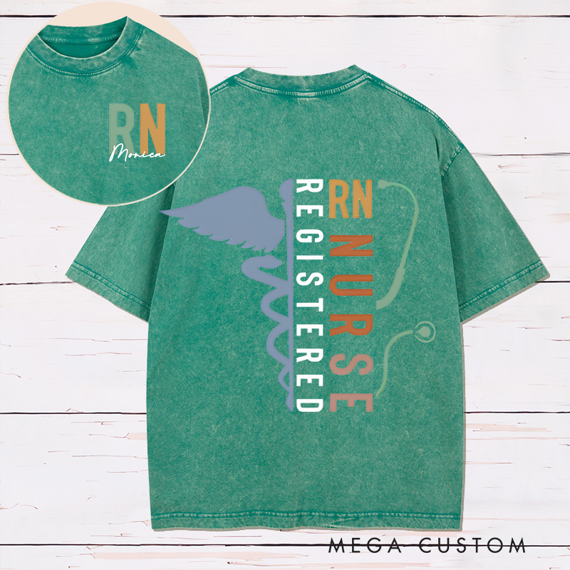 Personalized Two Sides Printed Washed T-Shirt Customized Registered Nurse Design Washed T-Shirt 