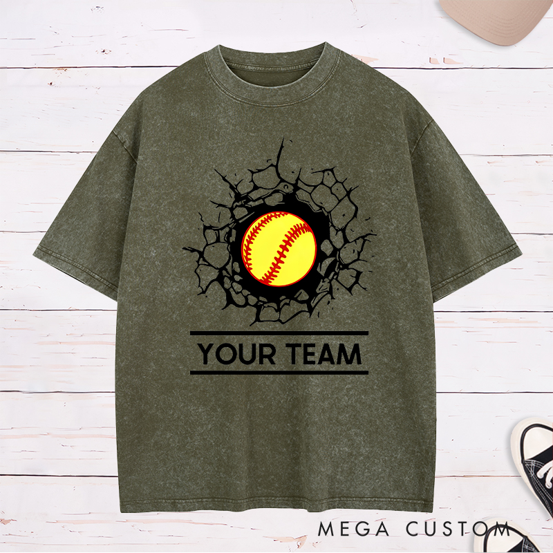 Personalized Softball Team Washed T-Shirt Design Featuring Customizable Team Name Bold Softball Graphic and Dynamic Cracked Wall Effect