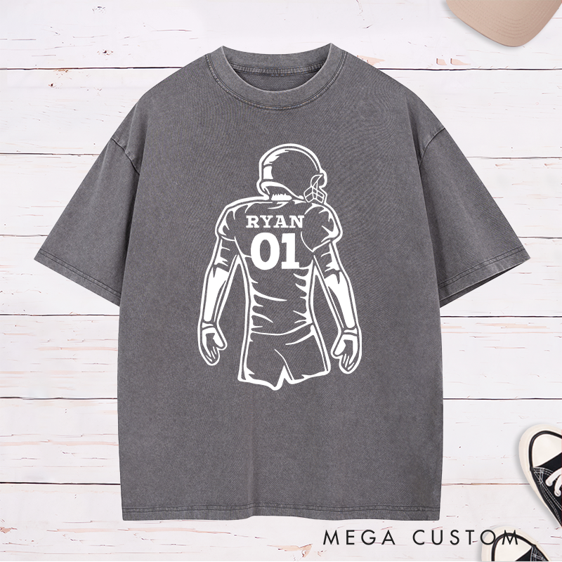 Personalized American Football Player Silhouette Design Washed T-Shirt with Custom Name and Number