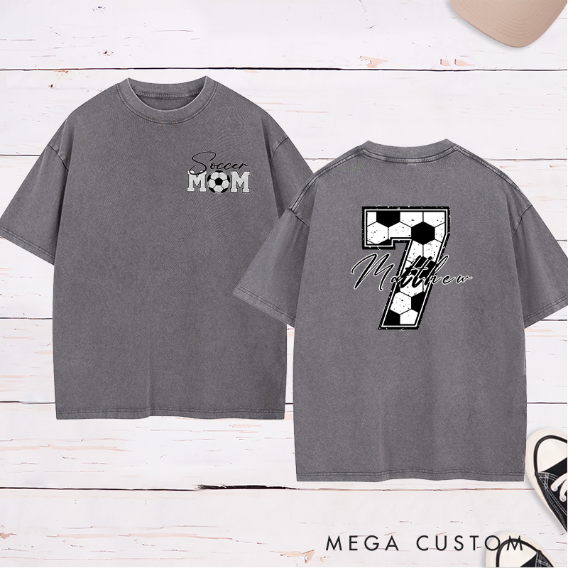 Personalized Soccer Mom Washed T-Shirt with Custom Name and Number Design