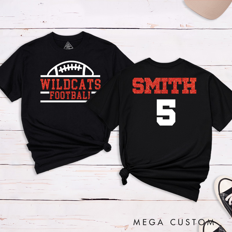 Personalized Glitter American Football and Rugby T-Shirts with Custom Team Name and Number-Game Day Shirt