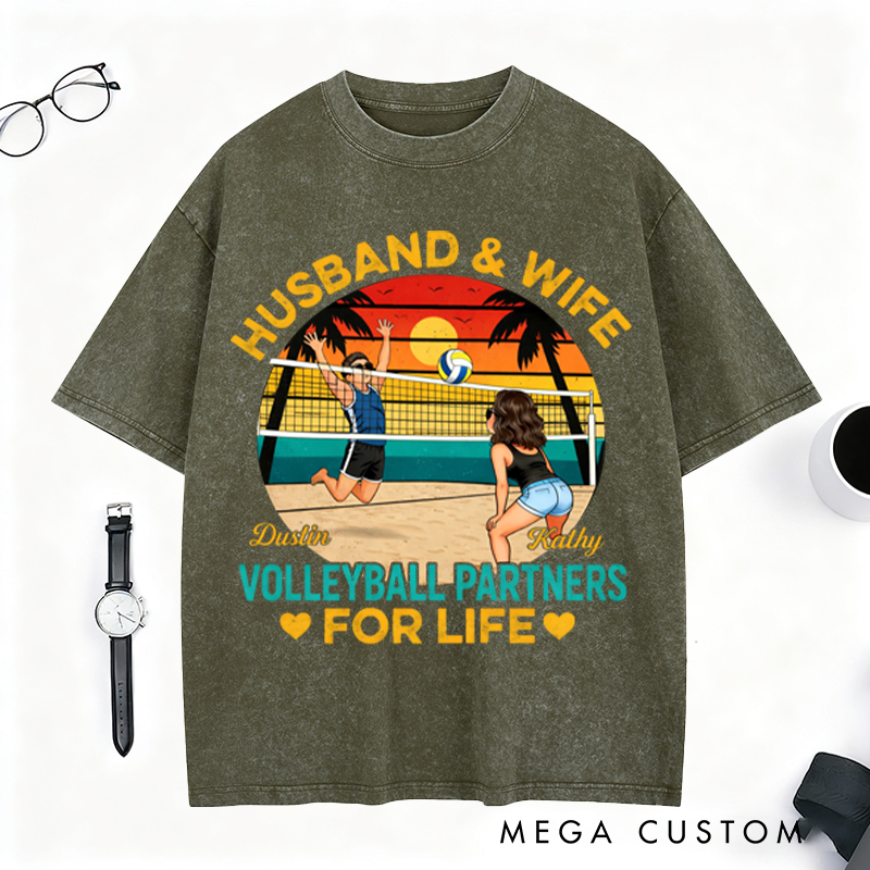 Personalized Volleyball Partners for Life T-Shirt with Custom Names for Husband and Wife