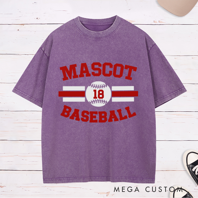 Personalized Baseball Washed T-Shirt with Custom Name and Striking Stripe and Ball Graphics
