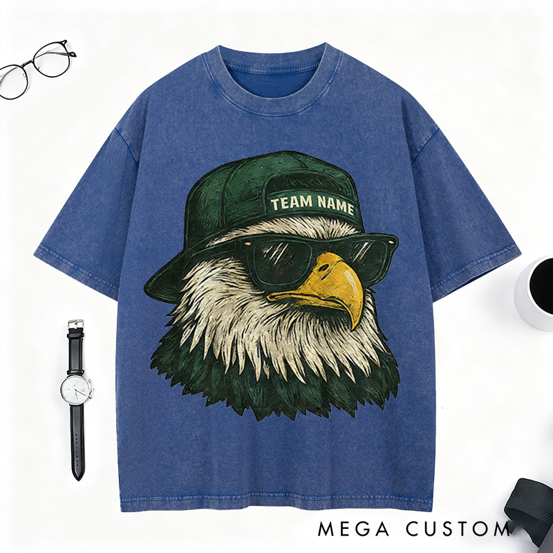Personalized Football Mascot Washed T-Shirt with Cool Eagle Design and Custom Team Name
