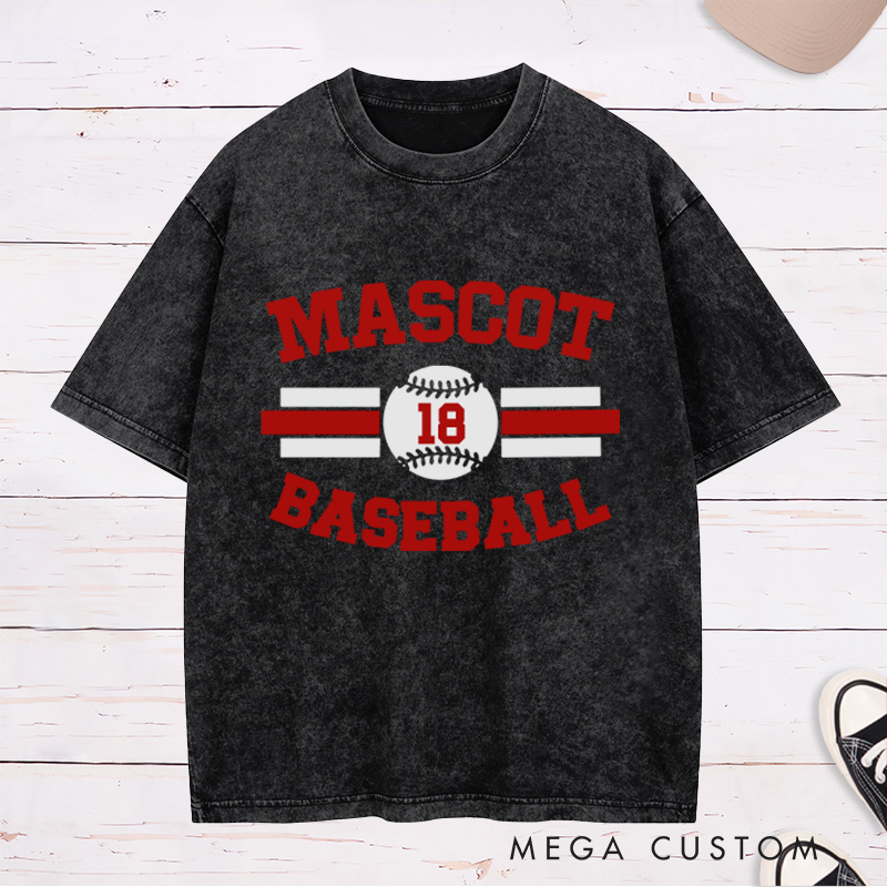 Personalized Baseball Washed T-Shirt with Custom Name and Striking Stripe and Ball Graphics