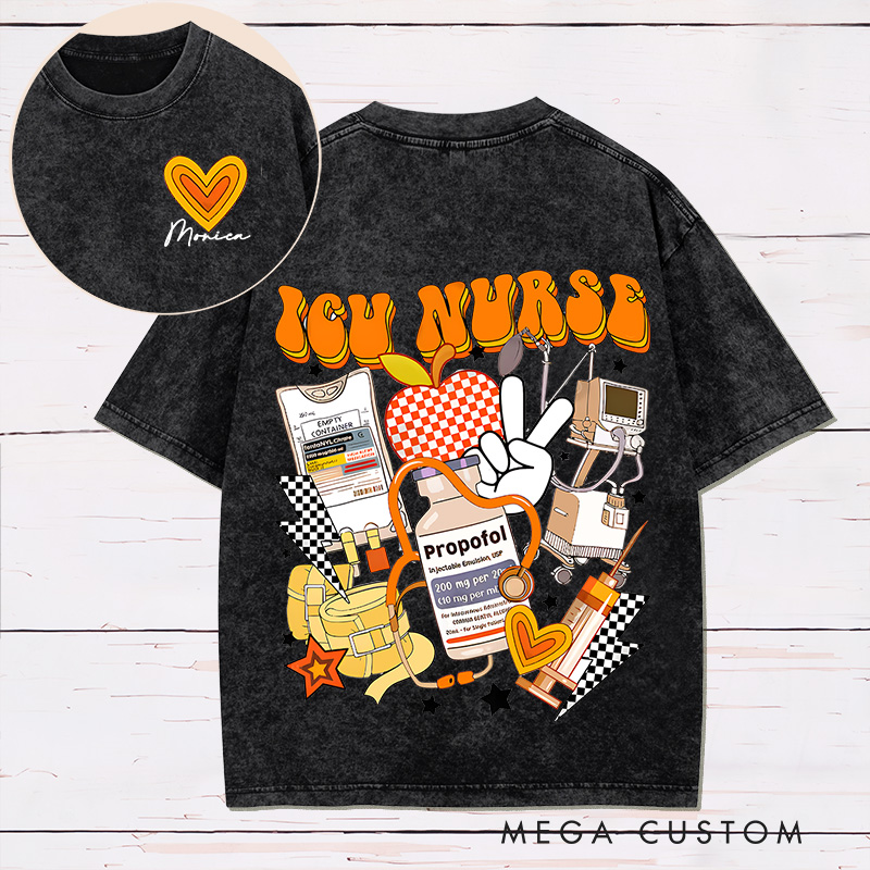 Personalized Two Sides Printed Washed T-Shirt Customized ICU Nurse Design Washed T-Shirt 