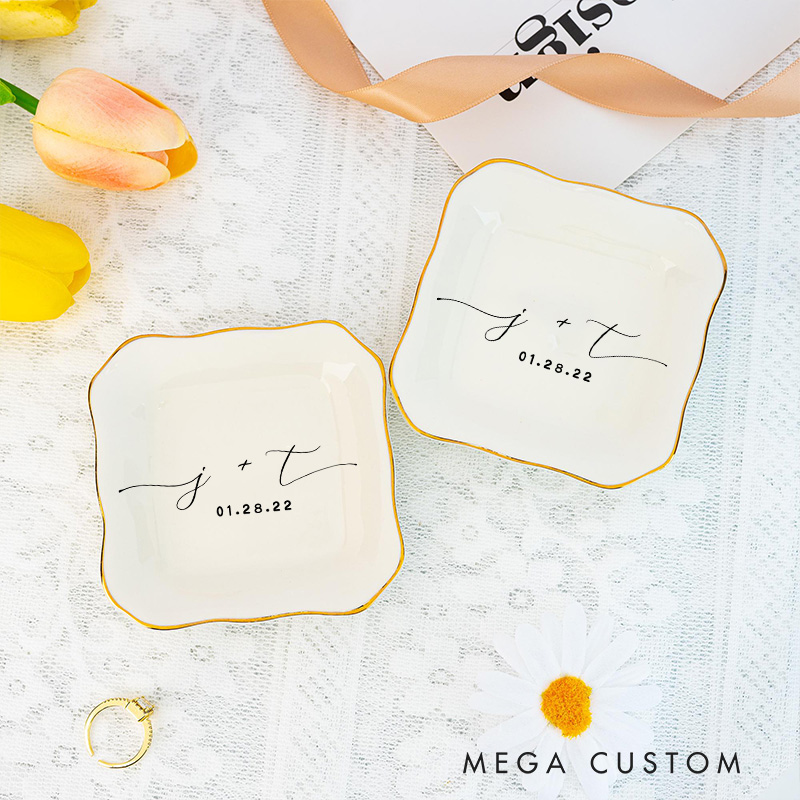 Personalized Minimalist Initials with Date Wedding Engagement Gold-Trimmed Irregular Edge Square Ring Dishes