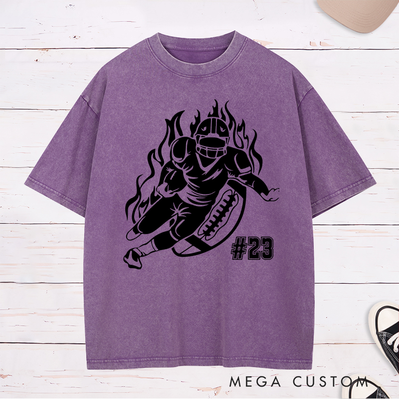 Personalized American Football Player Washed T-Shirts Featuring Custom Number for Football Action Tee