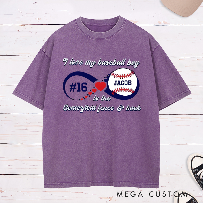 Personalized “I Love My Baseball Boy” Washed T-Shirt with Custom Name and Number  